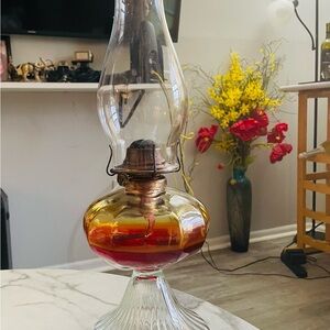 Vintage Glass Oil Lamp with Red and Amber Base